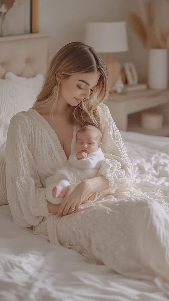 A young mother with long blonde hair, wearing a delicate white lace robe, gently cradles her newborn baby on a bed.  The baby, swaddled in white, sleeps peacefully in her arms.  The soft lighting and muted color palette create a serene and intimate atmosphere. The setting is a bedroom, with a hint of a bedside table and neutral-toned decor visible in the background.  The overall image evokes a feeling of tenderness and new motherhood.