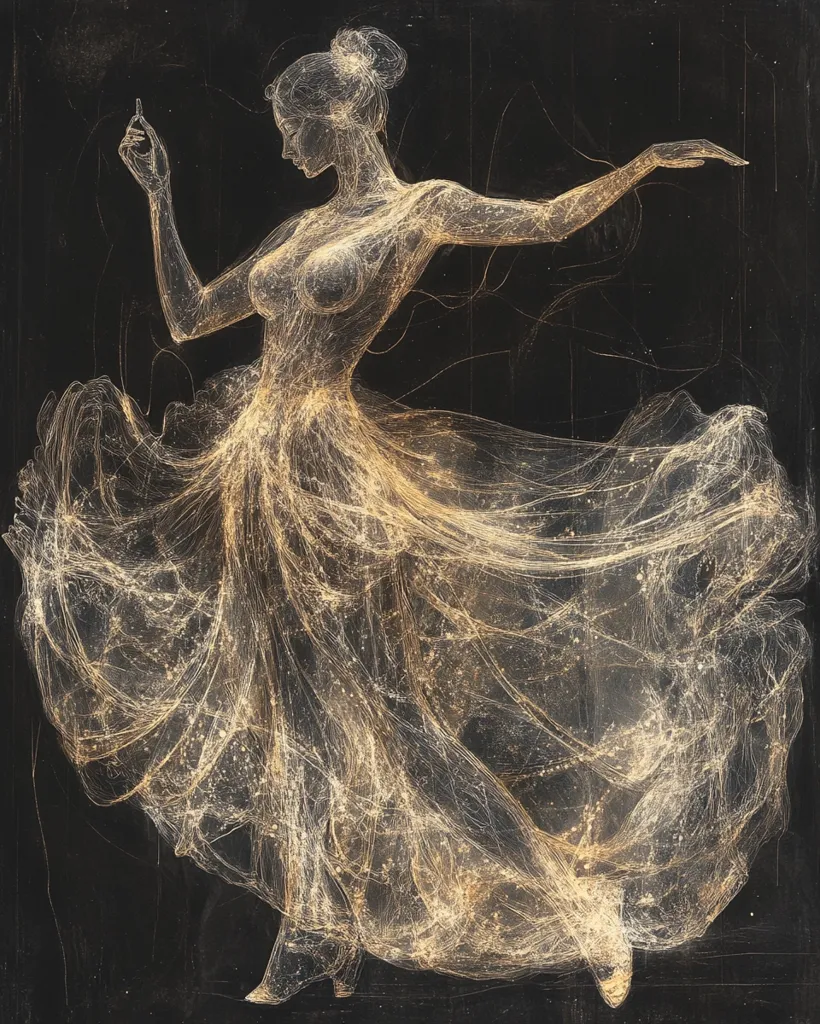 The artwork depicts a woman in a flowing gown, rendered in a style that suggests light trails or threads.  She's posed in a graceful dance-like movement, one arm outstretched, the other delicately raised. The dress is ethereal and almost translucent, appearing as a luminous web of golden lines against a dark background. The overall effect is one of elegance, movement, and a dreamlike quality. The style evokes both classical sculpture and contemporary digital art.