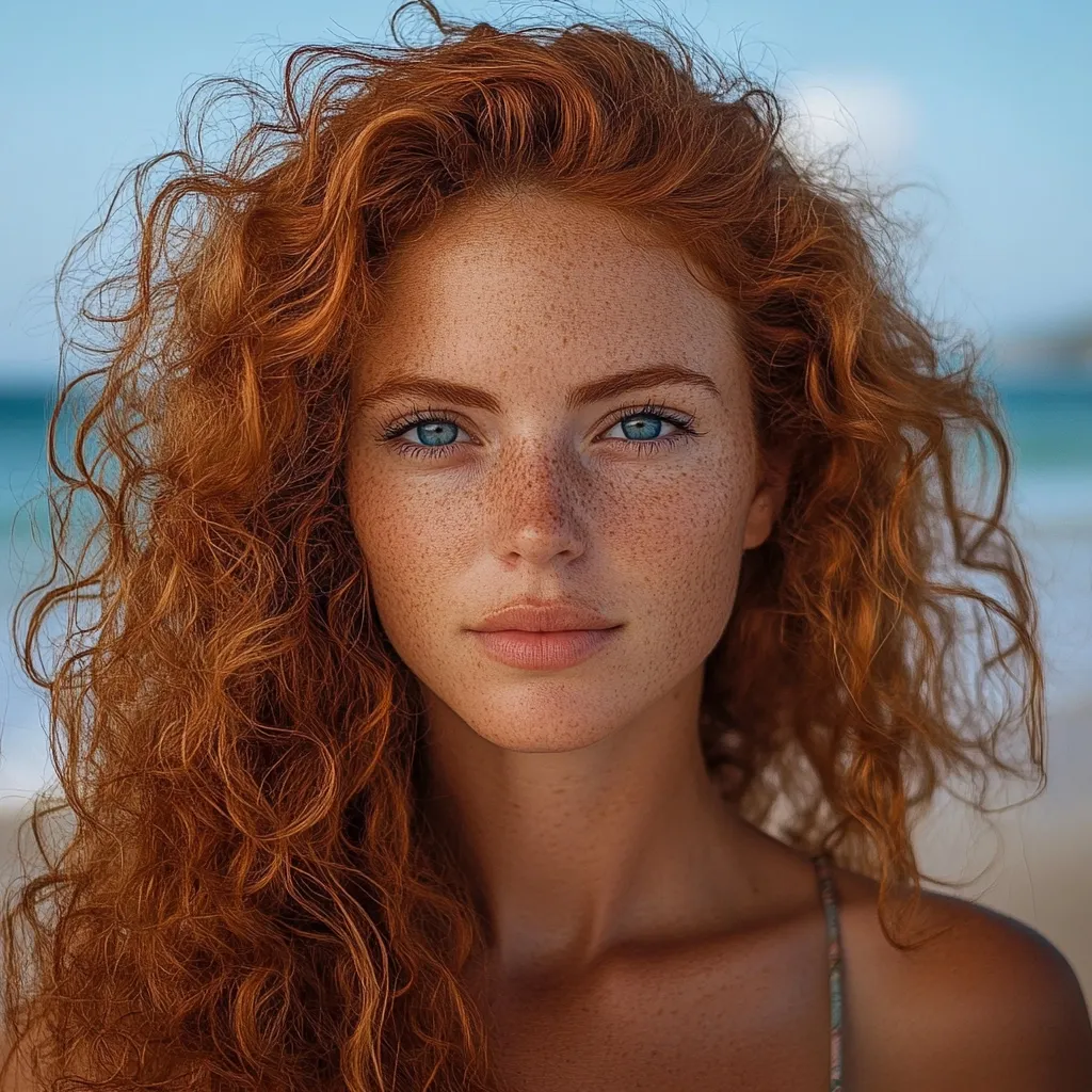 Here's a description of the image:

Close-up portrait of a young woman with vibrant, curly, red hair that cascades down her shoulders. Her skin is fair, adorned with numerous freckles, and she possesses striking blue eyes.  She has a neutral expression, her gaze directly meeting the viewer's. The background is blurred, suggesting a beach setting with a hint of blue ocean visible. The overall impression is one of natural beauty and serenity.