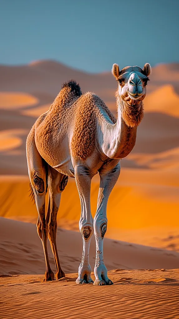 A single dromedary camel stands in the foreground of a vast, orange sand dune landscape.  The camel's coat is light brown with a slightly lighter, almost white, underside.  It faces the viewer, appearing alert and almost smiling. The sun casts a warm glow on the scene, highlighting the texture of the camel's fur and the rippled sand. The background is a blurry expanse of dunes, stretching to a soft blue sky. The overall impression is one of serene beauty and the majesty of the desert.