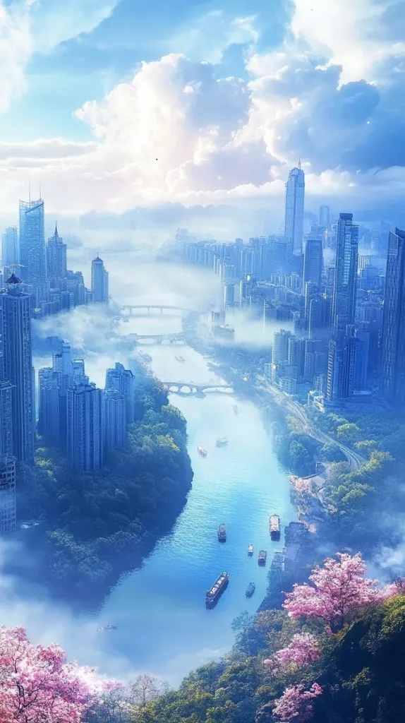 Here's a description of the image:

A breathtaking, almost ethereal view of a city nestled alongside a winding river.  Modern skyscrapers rise from a misty river valley, punctuated by bridges spanning the serene waterway.  The city is shrouded in a light, blue haze, giving it a dreamlike quality.  Boats are visible on the river, adding to the peaceful scene.  In the foreground, vibrant pink cherry blossoms bloom, contrasting beautifully with the cool tones of the cityscape and water.  The overall atmosphere is one of serene beauty and tranquility.
