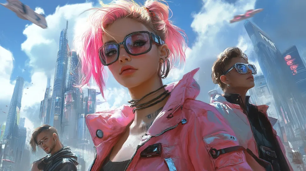 The image is a vibrant digital painting depicting three stylish young adults against a futuristic cityscape backdrop.  The central figure, a woman with bright pink hair styled in pigtails, wears oversized sunglasses and a pink jacket.  Two men, one with dark hair and a leather jacket, the other with light hair in a shorter cut, flank her. Flying vehicles are visible in the sky above the towering, gleaming buildings.  The overall aesthetic is cyberpunk, combining advanced technology with a trendy, rebellious fashion sense.