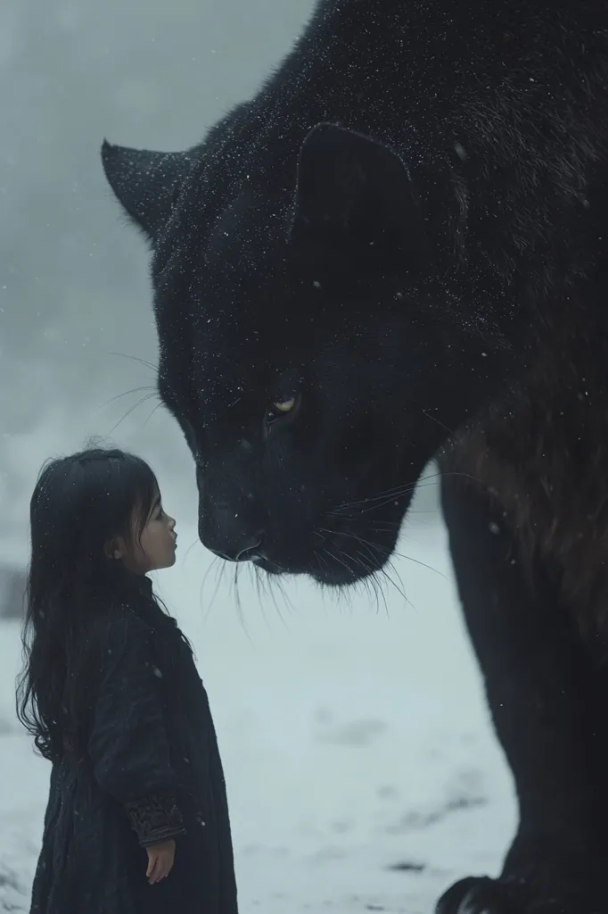 Here's a description of the image:

The image depicts a young girl with long dark hair, dressed in a dark coat, facing a massive black panther in a snowy landscape.  The panther is incredibly large, looming over the child. Their faces are close, creating a sense of intimacy or perhaps apprehension. The scene is muted in tone, with grays and blacks dominating, emphasizing the contrast between the delicate girl and the powerful animal.  Snow softly falls, adding to the atmospheric mood. The overall feeling is one of mystery and quiet intensity.