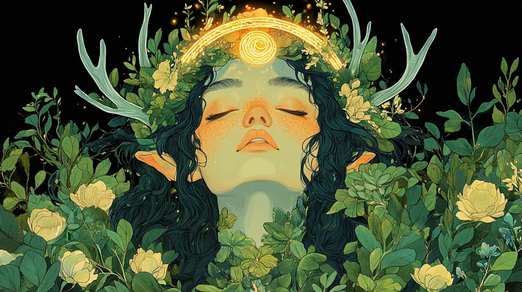 The artwork depicts a serene, elf-like woman with dark, flowing hair, nestled amongst lush green foliage and pale yellow flowers.  She is adorned with antlers and a glowing golden circlet above her closed eyes, creating a mystical, ethereal ambiance.  The overall style is painterly and dreamlike, with a focus on organic forms and rich, contrasting colors.  The woman’s peaceful expression and the surrounding nature convey a sense of tranquility and oneness with the natural world.