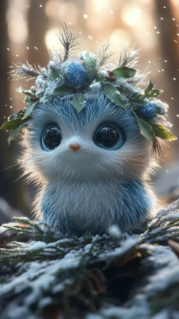 Here's a description of the image:

A digitally created, adorable, fluffy creature, primarily light blue, sits nestled in a snow-covered evergreen bush.  Its large, expressive eyes are captivating.  The creature wears a crown of snow-dusted winter berries and greenery, adding to its charming, whimsical appearance.  The background is softly blurred, suggesting a serene winter forest setting with falling snow, creating a magical, enchanting scene.  The overall style is soft and delicate, emphasizing the creature's cuteness.