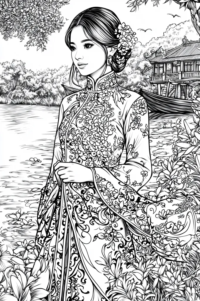 Here's a description of the image:

The image is a detailed black and white drawing, possibly intended as a coloring page. It depicts a young woman in an ornate, intricately patterned traditional Asian dress, standing by a tranquil waterway.  The dress is covered in floral motifs.  She has her hair elegantly styled with flowers. In the background is lush vegetation, a traditional-style building on stilts over the water, and a boat. The overall style is highly detailed and decorative, reminiscent of Asian art and possibly inspired by Vietnamese áo dài. The scene evokes a sense of serenity and elegance.