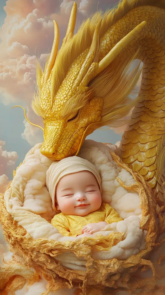 Here's a description of the image:

A digital artwork depicts a serene scene of a sleeping baby nestled in a soft, cream-colored nest.  A majestic golden dragon, rendered with intricate scales and flowing mane, gently leans over the infant, its head close to the baby's. The overall color palette is warm and inviting, with soft golds and creams dominating. The background features a dreamy, cloudy sky. The image evokes a sense of peace, protection, and possibly mythological or fantastical elements. The style is highly realistic, with attention to detail in both the dragon and the baby's features.