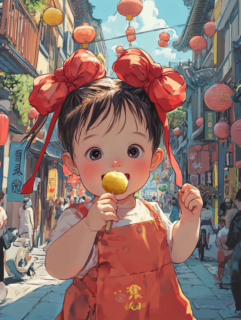 Here is a description of the image:

The illustration showcases a charming toddler girl, adorned with large red bows in her hair, standing on a vibrant street bustling with activity. She's dressed in a bright orange overall and is happily consuming a golden-brown, round food on a stick. The background depicts a lively Asian street scene, complete with traditional architecture, red lanterns strung overhead, and numerous pedestrians. The overall style is whimsical and slightly anime-influenced, with soft, bright colors and a focus on the child's expressive features. The scene evokes a feeling of warmth, joy, and cultural richness.