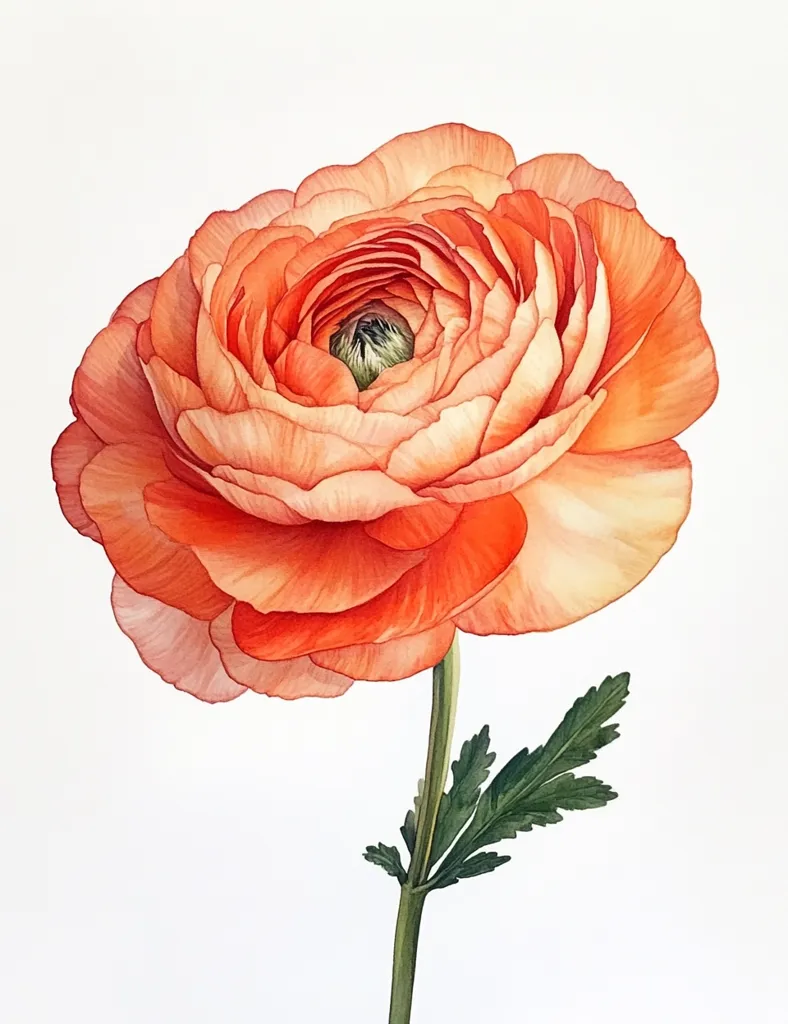 Here's a description of the image:

A watercolor painting showcases a single, vibrant orange ranunculus flower.  The petals are numerous and tightly packed, creating a full, lush bloom.  The color transitions subtly from a deeper orange at the center to a lighter, almost peachy hue at the edges.  A small, dark green center is visible. A single, slender stem with a few dark green leaves extends below the flower, set against a stark white background, emphasizing the flower's beauty and detail. The style is realistic, with meticulous attention paid to the texture and shading of the petals.