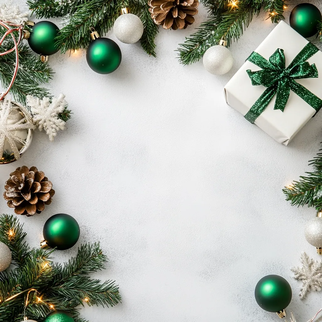 Here's a description of the image:

The image is a festive Christmas arrangement featuring a white background sprinkled with a subtle texture.  A border of fir branches, adorned with twinkling fairy lights, encircles the center.  Green and silver baubles, along with pinecones, are interspersed amongst the branches. A white gift box, tied with a glittering emerald green ribbon, rests on the bottom right. The overall style is elegant and minimalist, creating a visually appealing and celebratory design.  The empty center provides space for text or other elements.