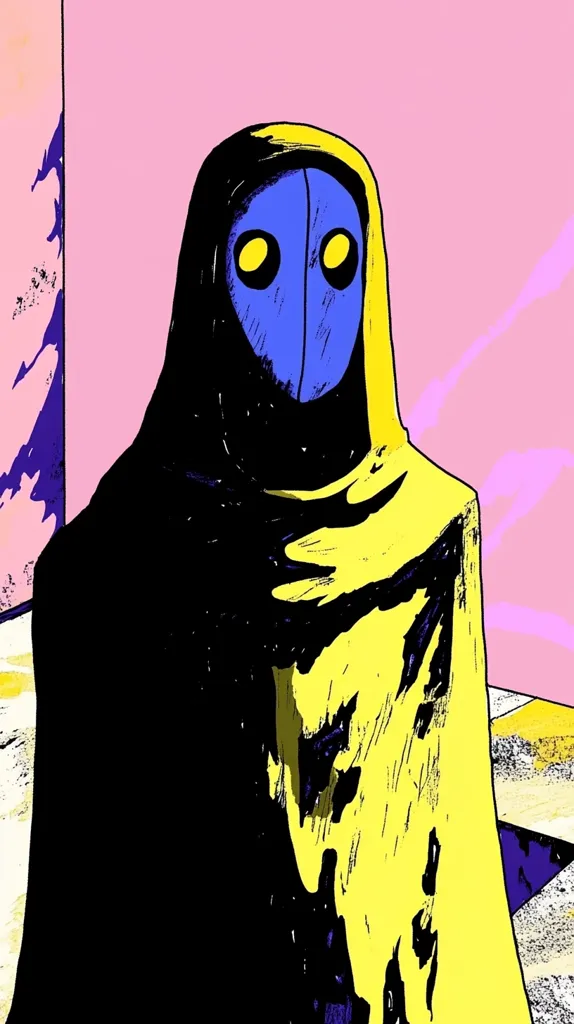 The illustration depicts a stylized figure cloaked in a predominantly black and yellow robe. The figure's face is obscured by a mask, a vibrant blue with large, yellow oval eyes.  The overall style is bold and graphic, utilizing strong lines and contrasting colors against a pink background punctuated by abstract shapes and textures suggesting a geometric or possibly architectural setting. The image evokes a sense of mystery and perhaps anonymity.