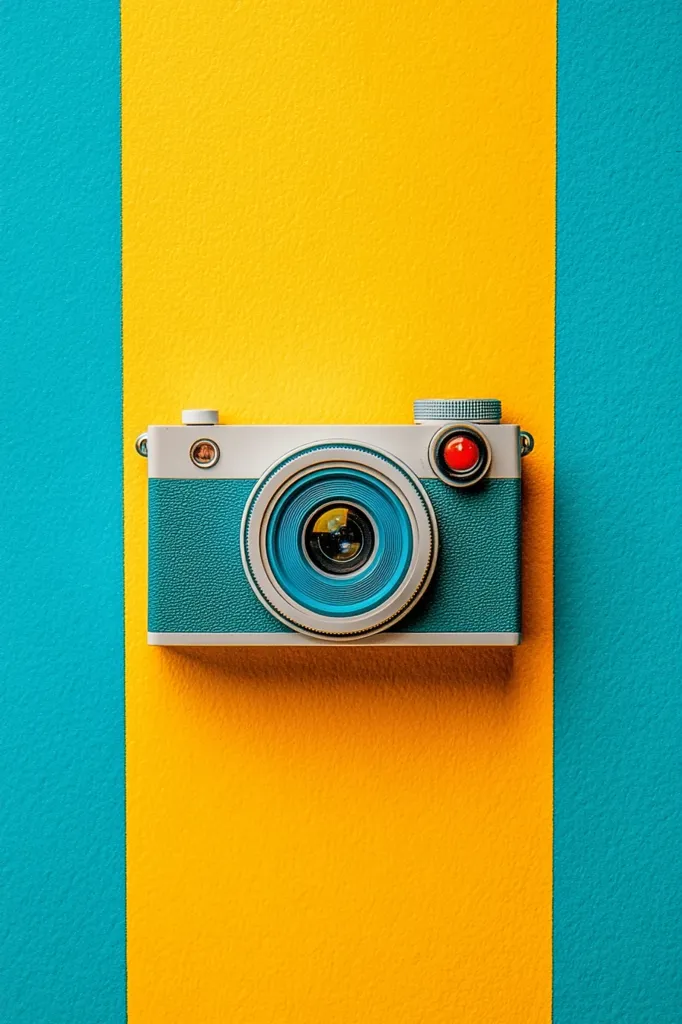 Here's a description of the image:

A teal and off-white vintage-style camera is centrally positioned against a vibrant backdrop of yellow and teal vertical stripes. The camera's design is simple and clean, with a prominent large lens. The bold color contrast makes the camera the clear focal point.  The image is crisp and clean, suggesting a modern, stylized representation of classic photography. The overall aesthetic is bright, cheerful, and retro.