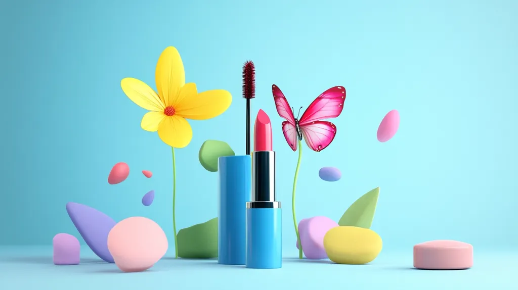 A vibrant scene featuring a pink lipstick and mascara, set against a light blue backdrop.  Brightly colored, stylized flowers and a pink butterfly add a whimsical touch.  Pastel-colored, abstract shapes float around the cosmetics, creating a playful, spring-like aesthetic. The overall image is clean and modern, suggesting a beauty product advertisement.