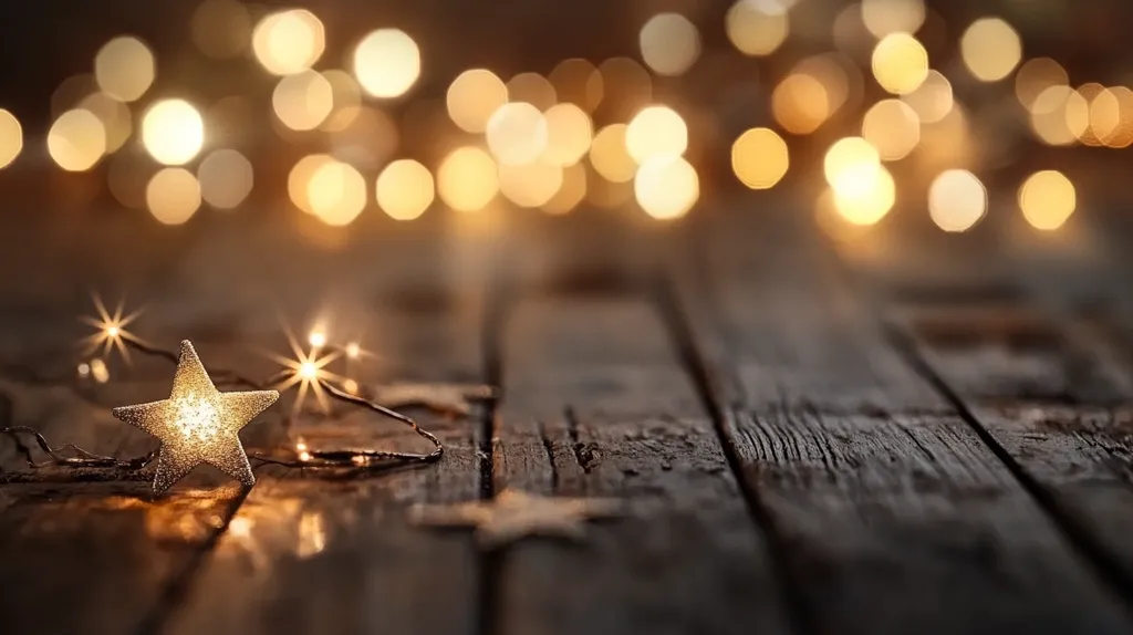 A rustic wooden surface is adorned with a string of warm-toned fairy lights, featuring small, glittering star shapes. The stars are softly illuminated, creating a cozy and enchanting ambiance.  The background is blurred, showcasing a bokeh effect of numerous warm-colored lights, suggesting a festive or celebratory setting. The overall mood is calm, inviting, and subtly magical.