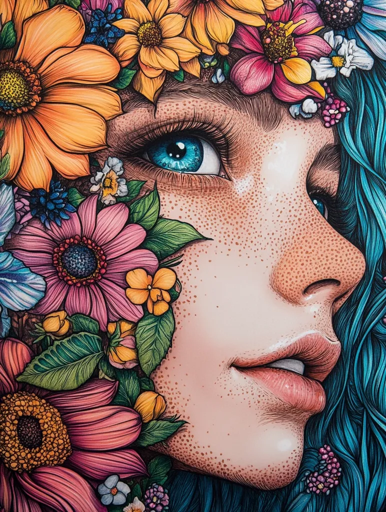 A detailed drawing depicts a woman's face partially obscured by a vibrant crown of flowers.  Her teal hair flows behind her, contrasting with the bright blossoms.  The flowers are rendered with meticulous detail, showcasing a range of colors and textures. Her freckled skin and expressive blue eye add to the artwork's captivating realism.  The overall style is hyperrealistic with a whimsical, floral element.