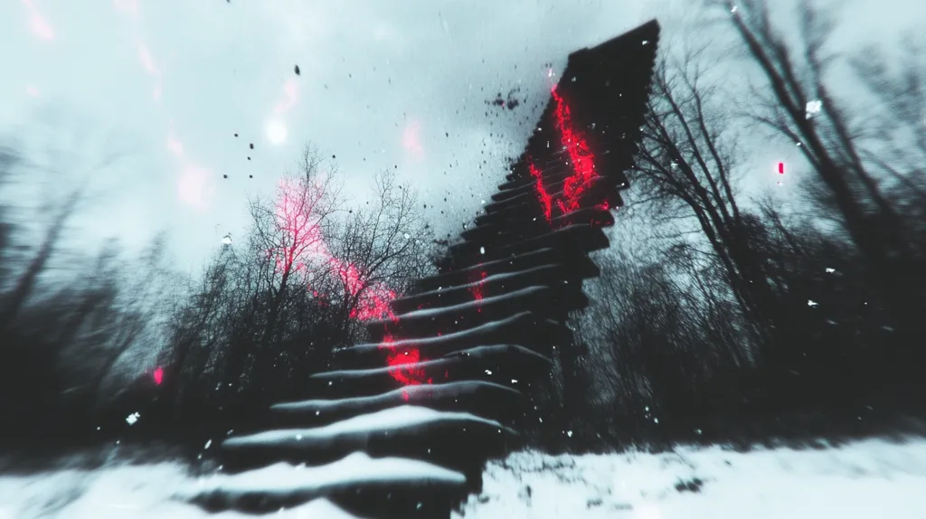 Here is a description of the image:

The image depicts a snow-covered staircase ascending into a wintry forest.  The stairs are dark, almost black, and appear old or weathered.  Red, glowing streaks or particles seem to emanate from the stairs and disperse into the snowy air, creating a surreal, almost magical effect.  Bare, dark trees form a backdrop, their branches stark against a pale, overcast sky.  The overall mood is mysterious and slightly unsettling, with a blend of cold, wintery realism and ethereal, otherworldly elements.  The perspective is low, emphasizing the staircase's upward journey.