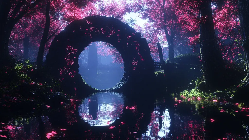 A digital illustration depicts a mystical scene.  A circular stone arch bridge, adorned with glowing pink blossoms, spans a calm, dark water. The bridge's reflection is mirrored perfectly in the still water, dotted with fallen petals.  Surrounding the bridge is an ethereal forest of tall, slender trees with pink blossoms, casting a soft, dreamlike light.  The overall atmosphere is serene and otherworldly.