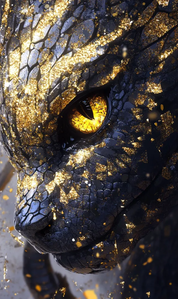 Close-up view of a stylized creature's face, possibly a dragon or mythical beast. Its skin is dark, textured like scales, and accented with flecks of gold, giving a metallic, almost jeweled appearance.  A striking, luminous yellow eye is prominent, reflecting light. The overall impression is one of power and magical allure, with particles of gold seemingly floating around it. The image is digitally rendered, with a high level of detail in the texturing and lighting.