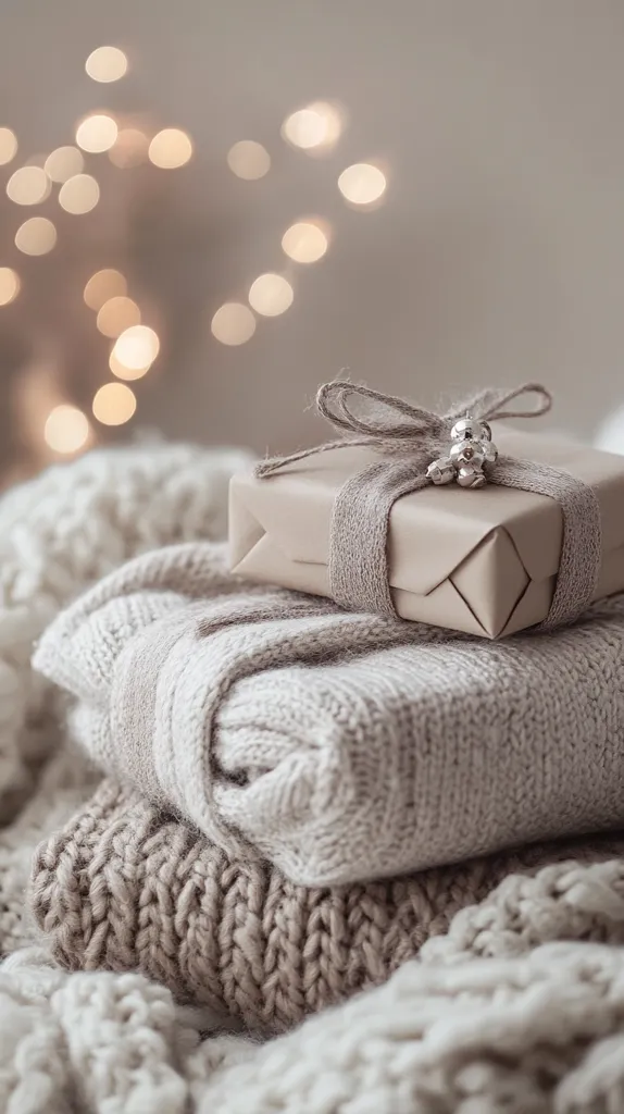 Here's a description of the image:

A softly lit image shows a beige gift, simply wrapped in kraft paper and twine, adorned with small silver bells.  It rests atop a stack of cozy, neutral-toned knit sweaters, creating a warm and inviting scene. The background is blurred but features warm, golden bokeh lights, suggesting a festive or cozy atmosphere. The overall aesthetic is minimalist and elegant, emphasizing texture and a sense of calm.