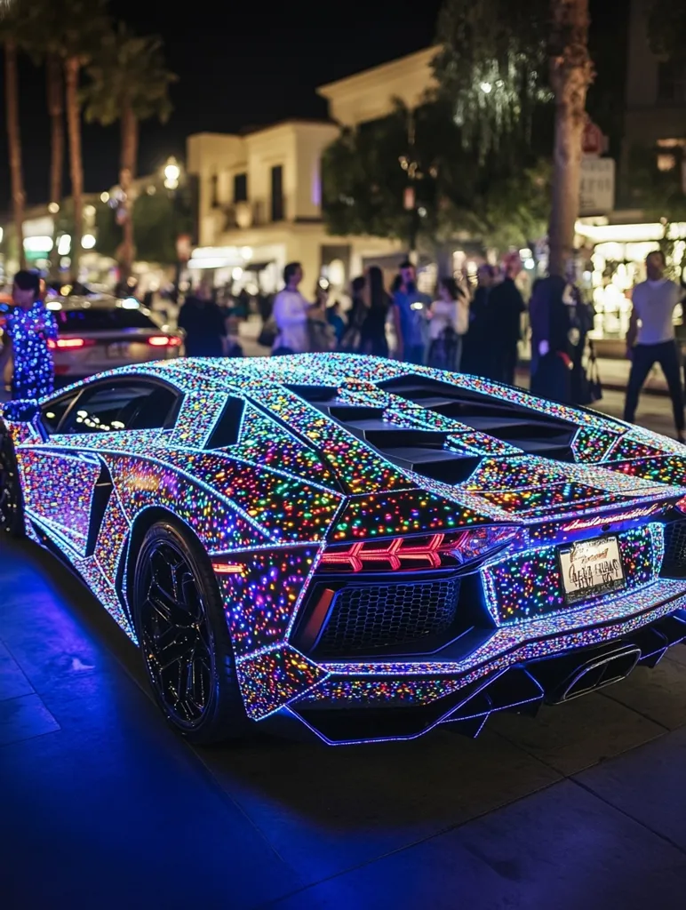 A Lamborghini Aventador, adorned with thousands of multicolored LED lights, is parked on a city street at night.  The car is the focal point, brilliantly illuminated against a softly blurred background of pedestrians and shops on a tree-lined street. The festive lighting suggests a holiday celebration, creating a vibrant and eye-catching scene.  The image captures a luxurious car transformed into a dazzling work of art.