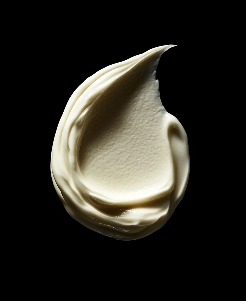 Here's a description of the image:

Close-up view of a dollop of creamy, off-white substance against a stark black background. The cream is swirled and textured, showing a smooth, almost glossy surface with subtle peaks and valleys.  The shape is irregular, resembling a droplet or a comma, with a pointed tip and a wider, rounded base.  The lighting highlights the creamy texture and creates a slight sheen. The contrast between the light cream and the deep black background makes the substance the sole focus of the image.
