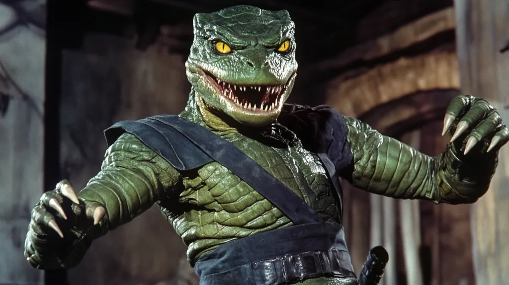 The image shows a close-up of a reptilian humanoid figure, possibly from a fantasy film or television series.  Its green, scaled skin and sharp claws are prominent. The creature has a menacing expression, bared teeth, and piercing yellow eyes. It's wearing dark, strapped clothing suggesting a warrior or villainous character. The background is blurry and dark, emphasizing the figure in the foreground.  The overall aesthetic suggests a blend of fantasy and action.
