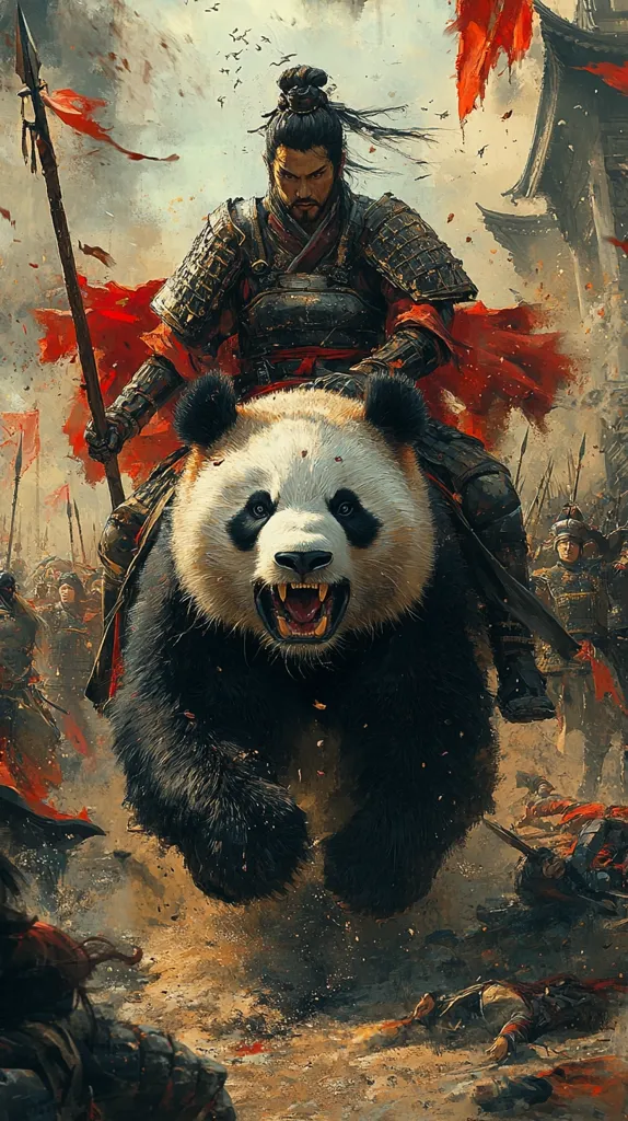 A powerful warrior, clad in dark armor and a red robe, sits astride a massive, ferocious panda.  They charge through a chaotic battlefield, spears and fallen soldiers surrounding them.  The scene is painted in dramatic hues of red, brown, and black, emphasizing the intensity of the battle.  The panda's fierce expression adds a surreal and striking element to the otherwise traditional war imagery.  The overall impression is one of unexpected strength and martial prowess.