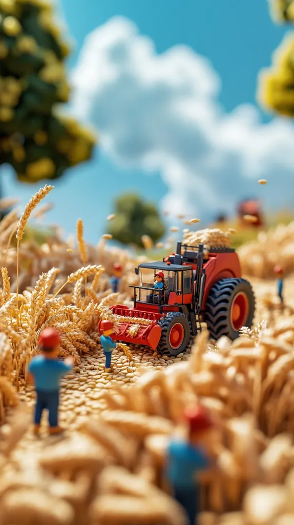 A miniature combine harvester works in a field of ripe wheat under a bright, sunny sky.  Tiny figures, representing farmers, are scattered around the machine and the harvested grain. The scene is idyllic and depicts a charmingly scaled-down version of rural harvest time. The focus is sharp on the harvester and a few nearby figures, while the background and distant figures are softly blurred, enhancing the depth of field. The overall image is vibrant and cheerful.