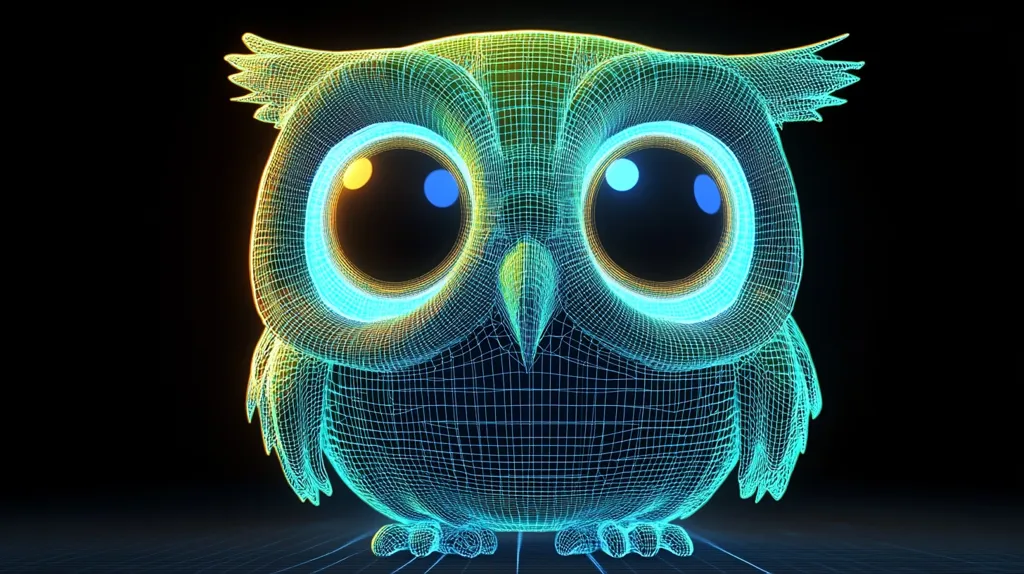 Here's a description of the image:

The image shows a stylized, cartoonish owl rendered in a wireframe style. The owl is depicted in glowing teal and amber lines, creating a digital, almost holographic effect against a black background.  Its large, expressive eyes are highlighted with bright blue and yellow accents, giving it a cute and friendly appearance. The wireframe structure provides a sense of depth and dimension, revealing the model's underlying geometry.  The owl sits on a dark, subtly glowing surface that suggests a digital or technological environment.