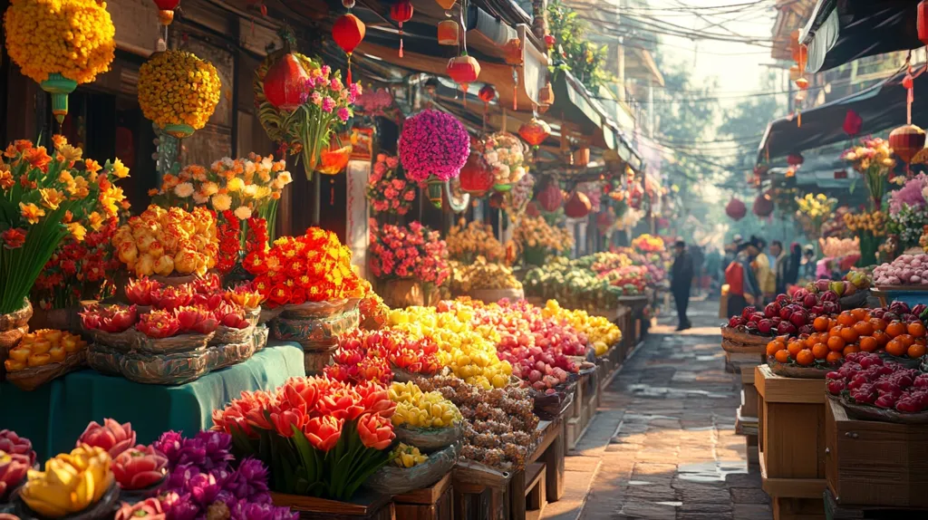 A vibrant flower market fills a sun-drenched street.  Rows of colorful blooms, including tulips, lilies, and chrysanthemums, are displayed in baskets and arranged on wooden stands.  Hanging lanterns and floral decorations add to the festive atmosphere.  In the background, people stroll down the narrow street, creating a lively, bustling scene. The overall impression is one of rich color, texture, and the beauty of a traditional Asian market.