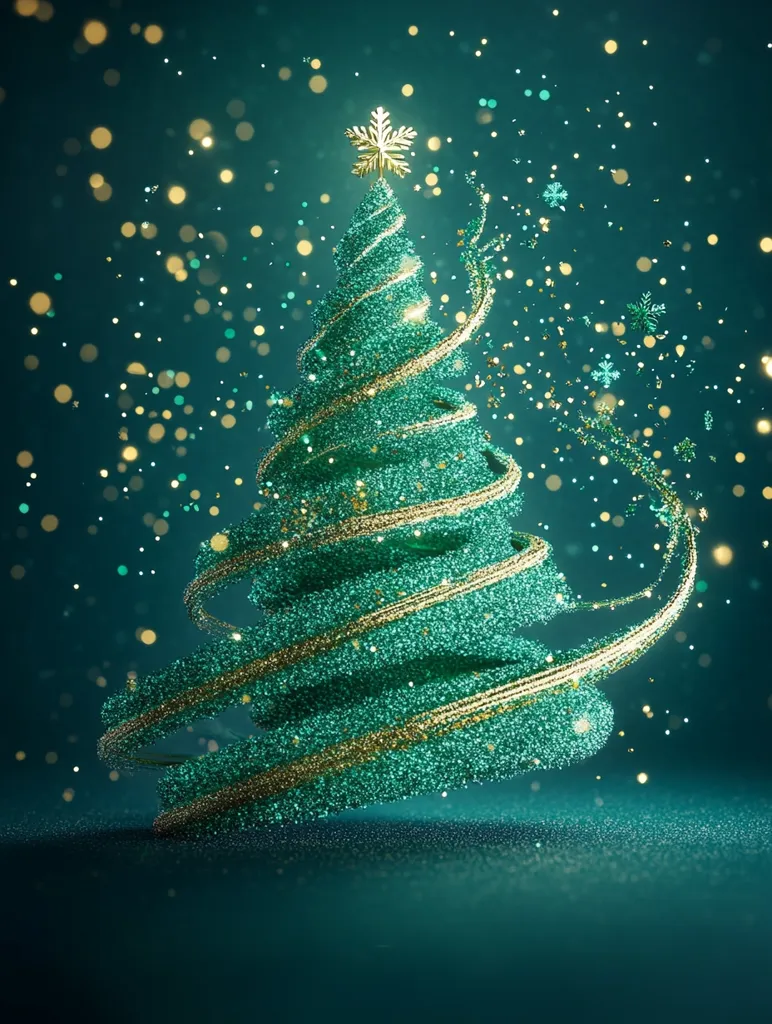 A stylized teal and gold Christmas tree sparkles against a dark teal background.  The tree is depicted as a swirling, glittering mass, adorned with gold ribbons spiraling upwards towards a gold star at its apex.  Small gold and teal lights create a bokeh effect, adding to the festive atmosphere.  The overall impression is one of elegant, modern holiday cheer.
