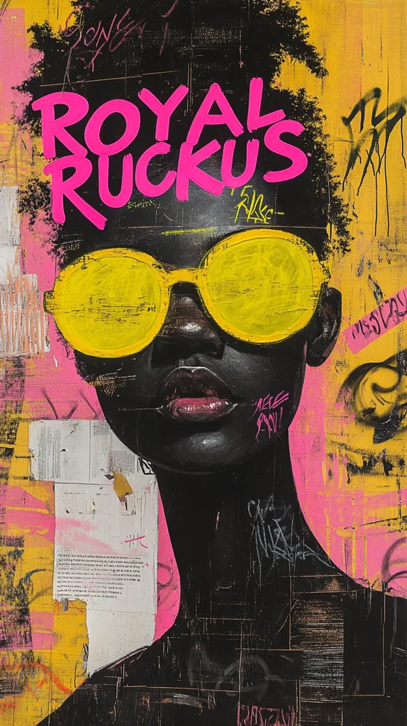 Here's a description of the image:

The artwork is a vibrant, mixed-media portrait featuring a stylized woman with large, bright yellow sunglasses. Her face is rendered in dark tones, contrasting sharply with the bold, graffiti-style background.  The background is a collage of pink, yellow, and black, layered with text, markings, and abstract shapes suggestive of urban street art.  The title \