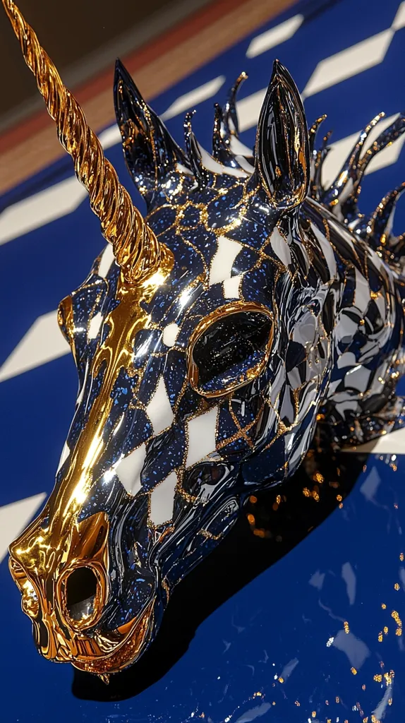 Close-up view of a meticulously crafted unicorn head sculpture. The piece is predominantly navy blue and white, with a geometric, almost checkered pattern.  Gold accents highlight the details, particularly the spiraling horn and facial features. The sculpture's surface appears glossy and possibly made of resin or porcelain, with subtle glitter embedded within the paint. It rests on a dark blue background, possibly a table or display surface, speckled with gold flecks. The overall effect is one of opulence and fantastical detail.