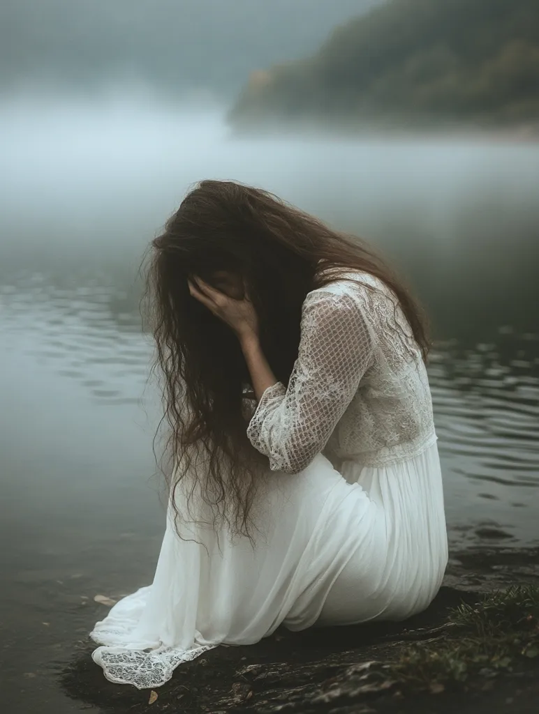 A young woman in a flowing white lace dress sits by a misty lake, her long brown hair cascading around her as she hides her face in her hands.  The scene is shrouded in a melancholic fog, the muted colors and somber atmosphere emphasizing a sense of sorrow and isolation.  The overall mood is one of quiet despair and contemplative loneliness.