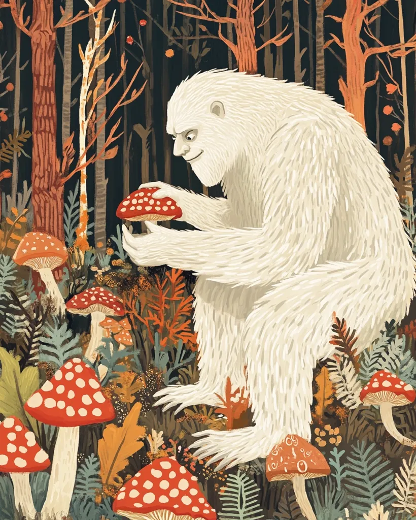 A whimsical illustration depicts a large, fluffy yeti crouching amidst a vibrant autumnal forest.  The yeti, with a gentle expression, delicately examines a bright red mushroom.  Surrounding it are various toadstools and autumnal foliage in rich browns, oranges, and greens. The dark background of the forest contrasts sharply with the yeti's white fur and the vivid mushrooms. The style is reminiscent of children's book illustration, evoking a sense of playful fantasy.