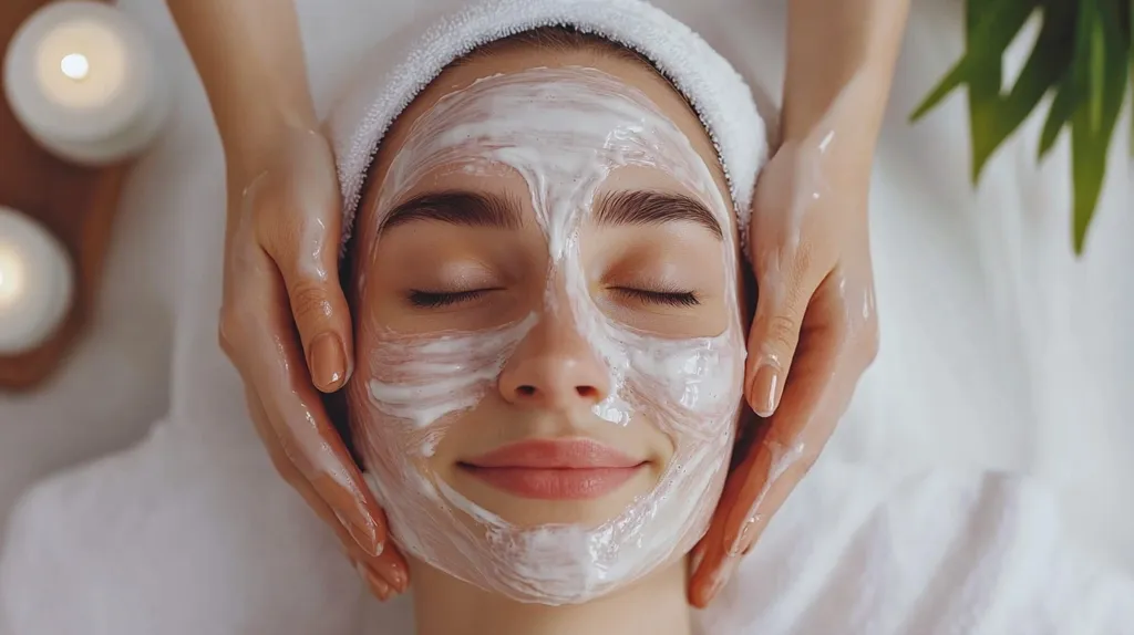Here's a description of the image:

The close-up shot shows a woman receiving a facial treatment.  Her eyes are closed peacefully as a thick, creamy white mask covers her face.  Two hands gently massage the mask into her skin.  The woman wears a white headband.  The setting appears to be a spa, suggested by the soft lighting, white linens, and out-of-focus candles in the background. The overall mood is one of relaxation and pampering.