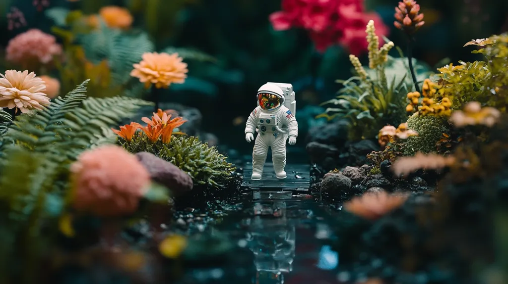 A miniature astronaut figurine stands on a small platform bridging a dark, reflective pool of water.  The setting is a lush, miniature garden teeming with vibrant flowers in shades of orange, pink, and peach, interspersed with dark green ferns and mossy rocks. The scene is meticulously crafted, with a focus on depth and detail, creating a surreal and enchanting miniature world.  The astronaut's reflection is visible in the water, adding to the image's artistic composition.