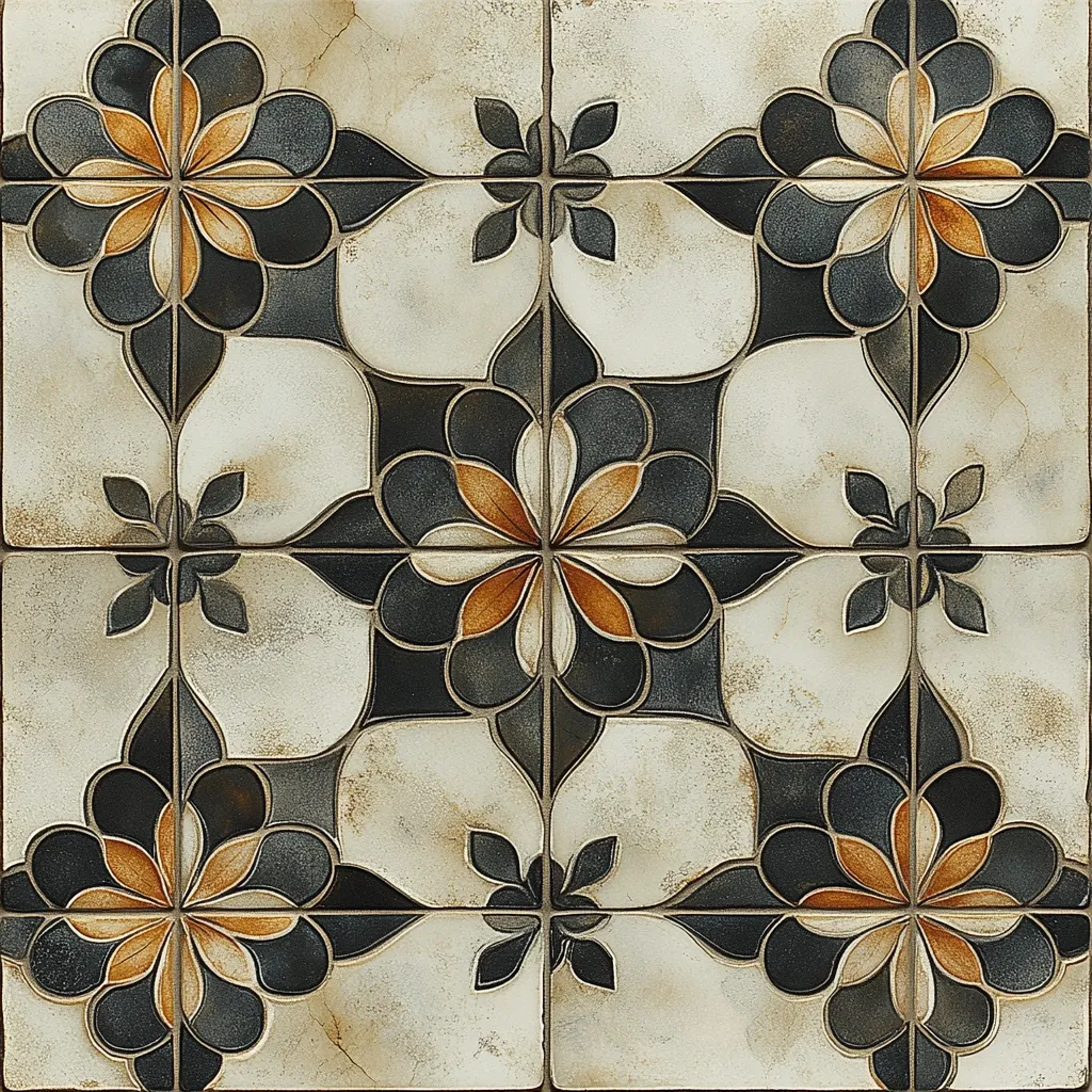 Here's a description of the image:

The image shows a square arrangement of ceramic tiles, forming a repeating geometric pattern.  The tiles are predominantly off-white, with dark gray and burnt orange floral designs. Each tile features stylized flowers with eight petals, creating a symmetrical and intricate design that flows seamlessly between tiles.  The grout lines are visible, accentuating the individual tiles and the overall pattern.  There's a subtle aged or distressed look to the tiles, suggesting a vintage or antique style.  The overall effect is elegant and slightly rustic.