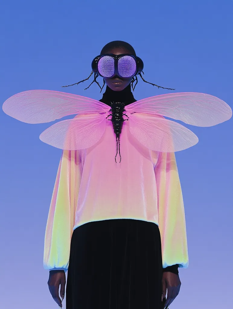 Here is a description of the image:

A fashion model is shown from the knees up against a solid blue background. They are wearing a pink iridescent cropped sweatshirt with long balloon sleeves and a black skirt.  The model also sports a unique headpiece that appears to be a black insect-like mask with glowing purple LED eyes. Attached to the mask are large, translucent pink wings resembling those of a dragonfly, extending from their shoulders. The overall effect is futuristic and otherworldly, blending high fashion with entomological elements.
