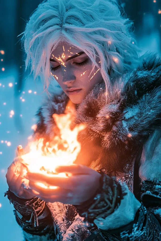 A striking image portrays a young woman with short, icy-blonde hair, adorned with glowing, ethereal face paint.  She's dressed in a dark, fur-trimmed coat dusted with snow, and her hands gently cradle a small, vibrant flame.  The background is a softly blurred wintry landscape, punctuated by sparkling lights, creating a mystical and magical atmosphere. The overall mood is one of serene power and otherworldly beauty.