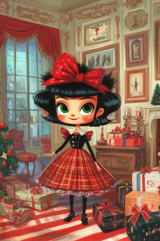 A charming illustration depicts a young girl, styled like a doll, in a festive red plaid dress and a large red bow in her dark hair.  She stands amidst a beautifully decorated room, surrounded by Christmas presents stacked on a red and white striped floor.  A Christmas tree and antique furniture add to the opulent, vintage Christmas setting. The style is reminiscent of children's book illustration, with vibrant colors and detailed textures. The girl's large eyes and cheerful expression contribute to the overall whimsical atmosphere.