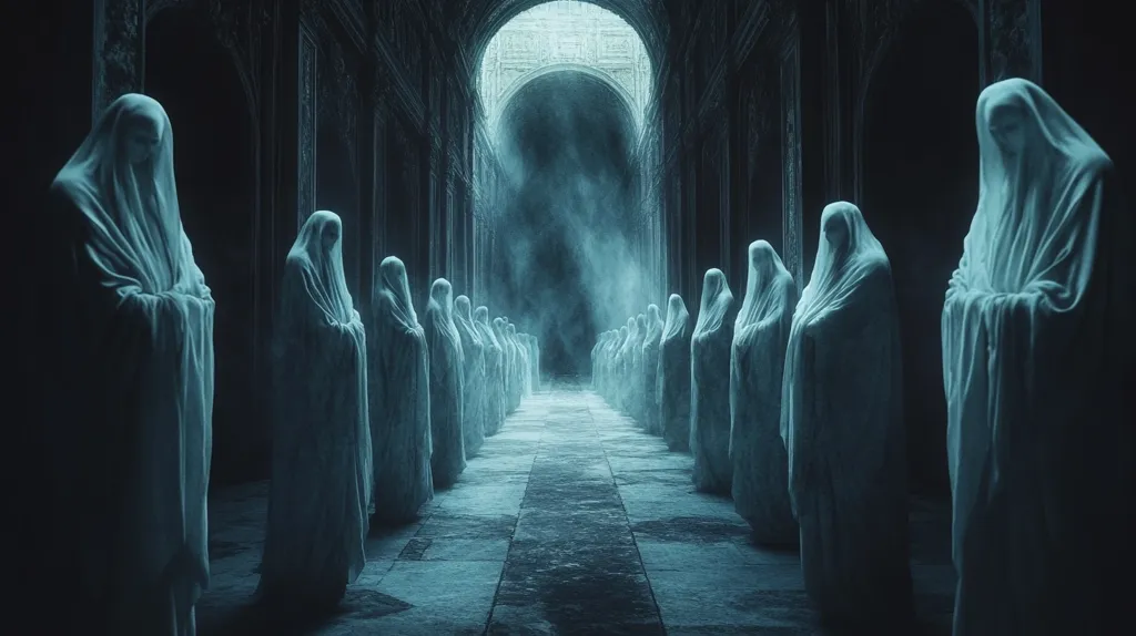 A digital artwork depicts a long, dimly lit hallway within a stone structure.  Numerous cloaked figures, resembling statues, stand in two parallel lines leading to a distant archway.  The figures are shrouded, obscuring their faces, and are rendered in cool, bluish-green tones. The atmosphere is eerie and mysterious, with a subtle mist or fog enhancing the sense of depth and isolation. The architectural details are gothic in style, contributing to the overall dark and haunting ambiance.