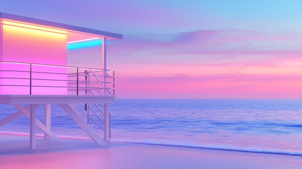 Here's a description of the image:

A pastel-colored beach scene features a modern lifeguard stand, illuminated with neon pink and blue lights.  The stand is elevated on white stilts, with a staircase leading down to the sandy shore. The calm ocean stretches to the horizon under a soft, pink and purple sunset sky. The overall aesthetic is dreamy and surreal, with a strong emphasis on soft, vibrant hues.  The image appears digitally rendered or heavily filtered, contributing to its otherworldly atmosphere.