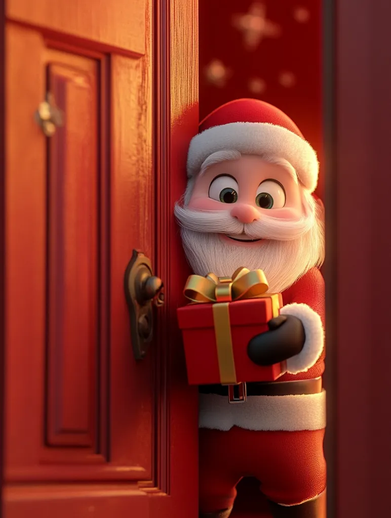 A cheerful, cartoon Santa Claus peeks around the edge of a red door, holding a red gift box tied with a gold ribbon.  His expressive face and large eyes convey a joyful and slightly mischievous demeanor. The scene is bathed in warm, golden light, creating a festive atmosphere. The overall style is 3D-rendered, with a focus on smooth textures and vibrant colors.