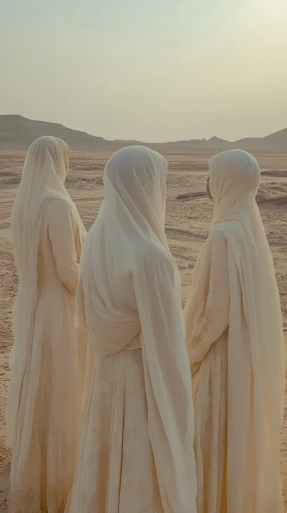 Three women, draped in flowing, off-white robes and headscarves, stand in a desert landscape.  Their backs are to the camera, facing a sun-drenched expanse of sand and distant, hazy mountains. The clothing’s soft texture and light color contrast with the arid, earthy tones of the background, creating a serene and contemplative atmosphere.  The image evokes a sense of stillness and solitude.