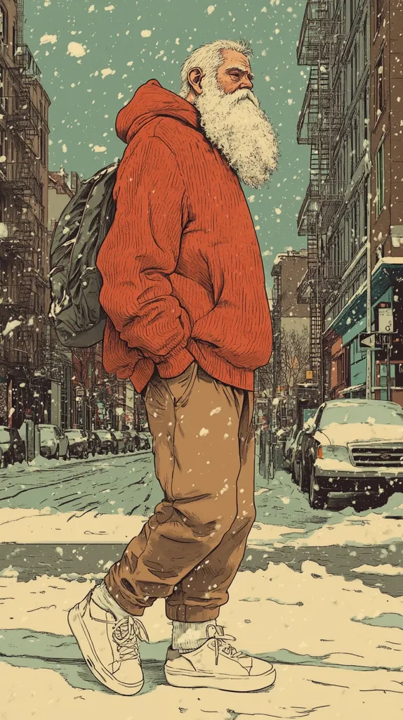 Here's a description of the image:

The illustration depicts an older man with a long white beard, wearing a red hooded sweater and beige pants, walking down a snow-covered city street.  He carries a backpack and wears white sneakers. The scene is rendered in a vintage, almost woodcut style with muted colors. Snow falls gently, and the background shows aged brick buildings typical of an older city neighborhood.  Cars are parked along the street, adding to the urban feel. The overall mood is contemplative and peaceful.