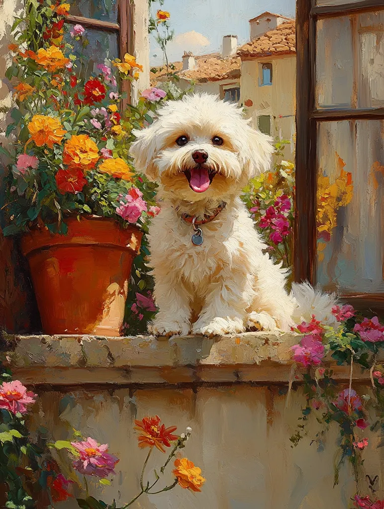 A cheerful white fluffy dog, possibly a Bichon Frise, sits contentedly on a windowsill overflowing with vibrant, colorful flowers in terracotta pots.  The sunny scene suggests a warm, Mediterranean setting, with glimpses of rustic buildings visible through the open window. The dog's happy expression and the abundance of blossoms create a charming, idyllic image.  The style is painterly, with visible brushstrokes conveying a sense of light and texture.