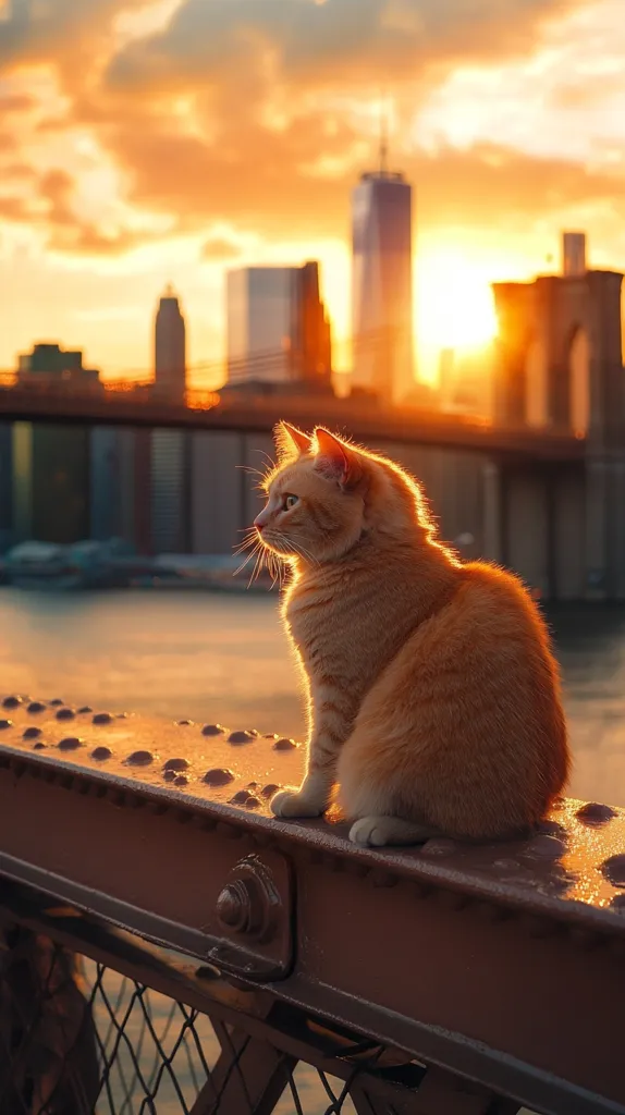 A ginger cat sits perched atop a rusty metal railing, silhouetted against a breathtaking sunset over the New York City skyline. The warm golden hues of the setting sun bathe the scene, casting a soft glow on the cat's fur.  In the background, the city's skyscrapers and the Brooklyn Bridge are visible, creating a dramatic urban backdrop to this peaceful moment. The cat appears serene, gazing out at the cityscape.