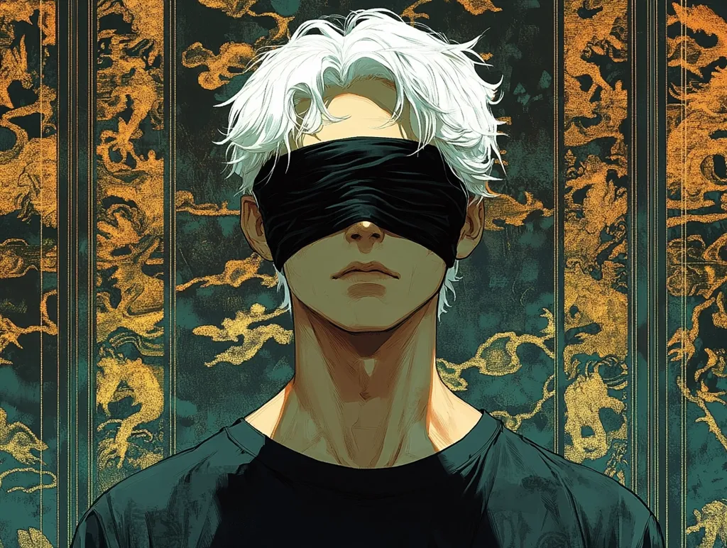 The artwork depicts a young man with shoulder-length, white hair, his eyes covered by a black blindfold.  He has a calm, serious expression. He's wearing a dark-colored crew neck shirt. The background is a rich, textured backdrop featuring a repeating pattern of gold-colored, stylized dragons or mythical creatures on a dark teal-green surface, reminiscent of an ornate screen or wall. The overall aesthetic is stylized and dramatic, with a strong contrast between the muted colors of the figure and the vibrant background.