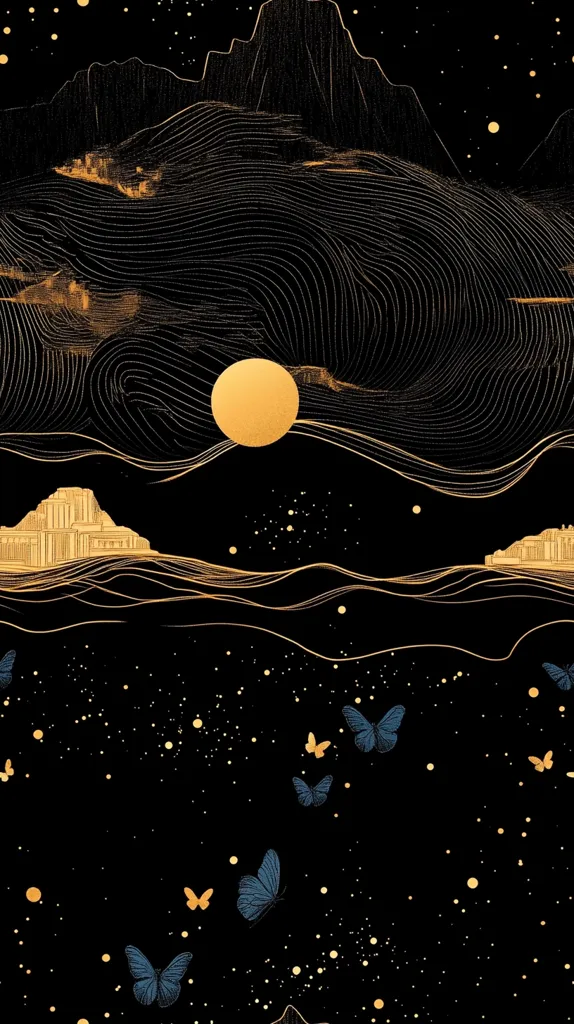 Here's a description of the image:

The artwork presents a stylized, celestial landscape in gold and dark blue on a black background.  Gold linework depicts rolling hills and mountains under a large, golden sun or moon.  Smaller golden dots suggest stars.  Two stylized buildings, possibly temples, are nestled in the lower gold hills.  Blue butterflies, rendered in a delicate style, flutter across the lower portion of the scene, adding a touch of whimsical detail against the dark backdrop. The overall aesthetic is serene, luxurious and dreamlike.